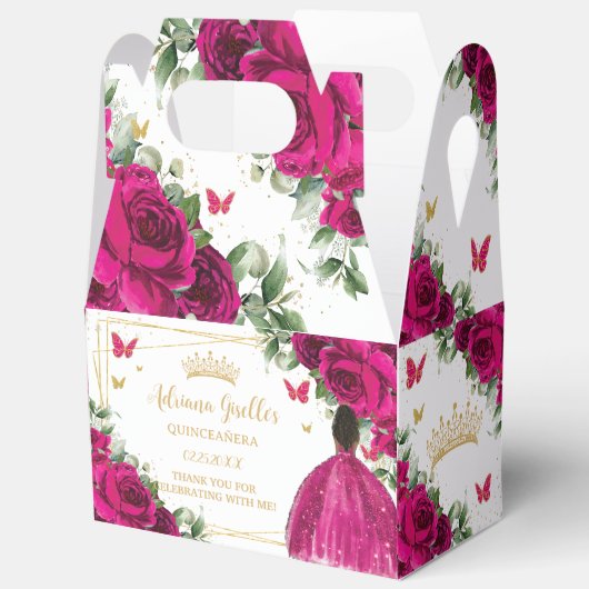 Fuchsia Roze Bloemen Bruin Meisje Sweet Quinceañer Bedankdoosjes (Open)