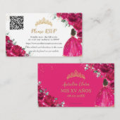 Fuchsia Roze Bloemen Goud Quinceañera QR Code Informatiekaartje (Voorkant / Achterkant)