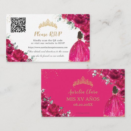Fuchsia Roze Bloemen Goud Quinceañera QR Code Informatiekaartje (Voorkant / Achterkant)