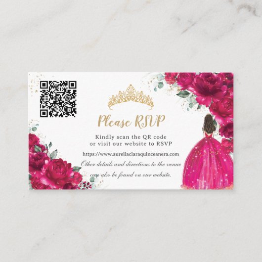 Fuchsia Roze Bloemen Goud Quinceañera QR Code Informatiekaartje (Voorkant)