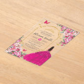 Fuchsia Roze Bloemen Goud Quinceañera Sweet 16 XV Acryl Uitnodigingen (Laagn)