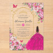 Fuchsia Roze Bloemen Goud Quinceañera Sweet 16 XV Acryl Uitnodigingen (Voorkant)