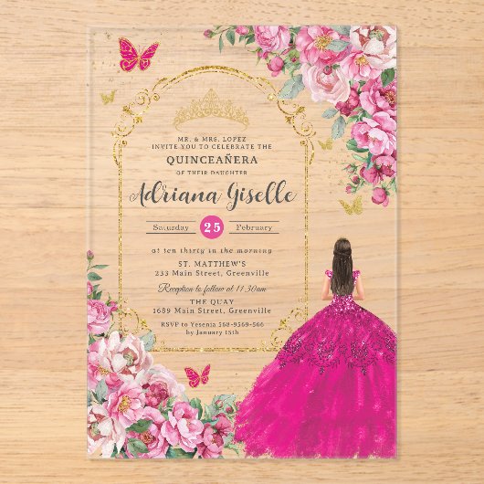 Fuchsia Roze Bloemen Goud Quinceañera Sweet 16 XV Acryl Uitnodigingen (Voorkant)