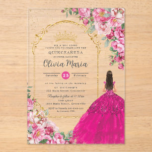 Fuchsia Roze Bloemen Goud Quinceañera Sweet 16 XV Acryl Uitnodigingen