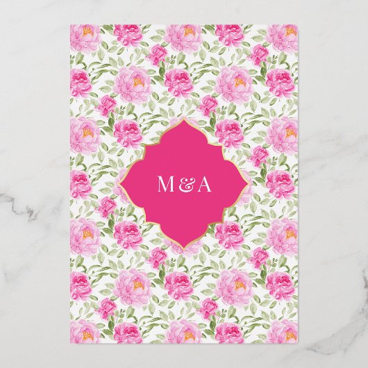 Fuchsia Roze Bloemen Patroon Moslim Bruiloft Goud Folie Uitnodiging (Achterkant)