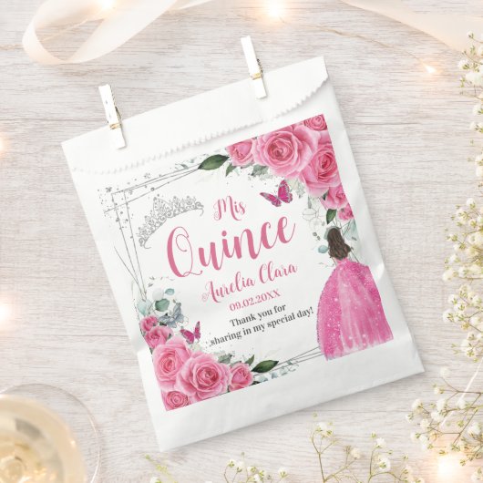 Fuchsia Roze Bloemen Prinses Zilver Quinceañera 15 Bedankzakje (Geknipt)