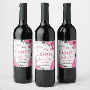 Fuchsia Roze Bloemen Prinses Zilver Quinceañera 15 Wijn Etiket