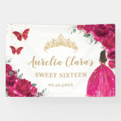 Fuchsia Roze Bloemen Quinceañera Sweet 16 Achtergr Spandoek (Horizontaal)