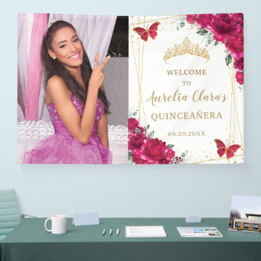 Fuchsia Roze Bloemen Quinceañera Welkom Achtergron Spandoek (Beurs)