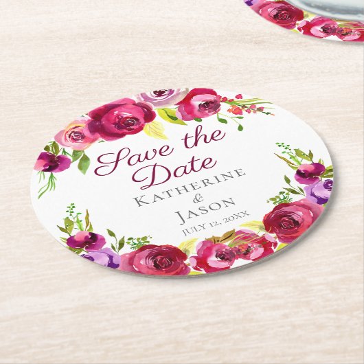 Fuchsia Roze Bloementuin Save the Date Ronde Kartonnen Onderzetter (Gebogen)