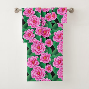 Fuchsia Roze Camellias en Jade Groene bladeren Bad Handdoek