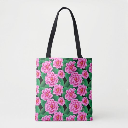 Fuchsia Roze Camellias en Jade Groene bladeren Draagtas (Voorkant)