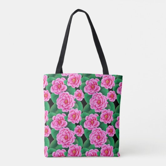 Fuchsia Roze Camellias en Jade Groene bladeren Draagtas (Achterkant)