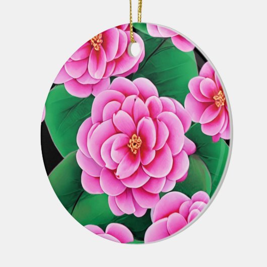 Fuchsia Roze Camellias en Jade Groene bladeren Keramisch Ornament (Links)