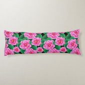 Fuchsia Roze Camellias en Jade Groene bladeren Lichaamskussen (Achterkant)
