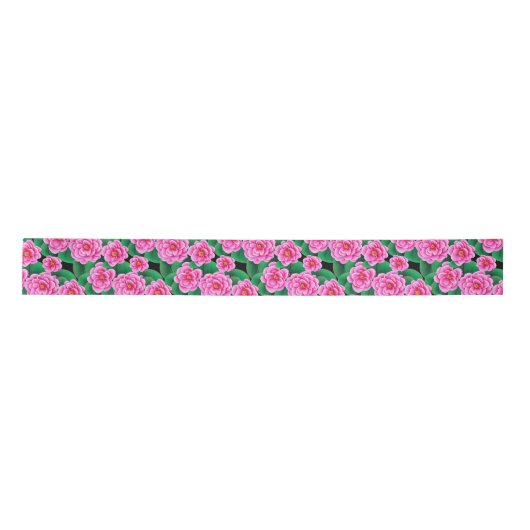 Fuchsia Roze Camellias en Jade Groene bladeren Lint (Voorkant)