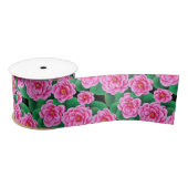 Fuchsia Roze Camellias en Jade Groene bladeren Lint (Spoel)