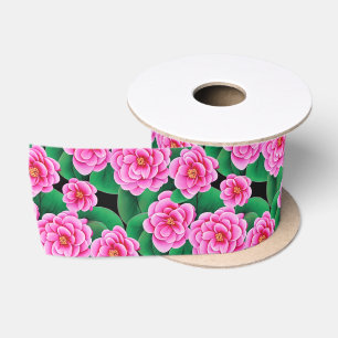 Fuchsia Roze Camellias en Jade Groene bladeren Lint