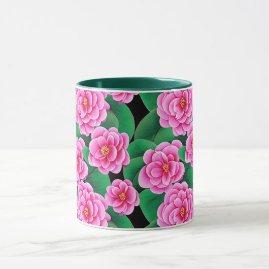Fuchsia Roze Camellias en Jade Groene bladeren Mok (Midden)