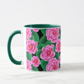 Fuchsia Roze Camellias en Jade Groene bladeren Mok (Links)