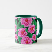 Fuchsia Roze Camellias en Jade Groene bladeren Mok (Voorkant rechts)