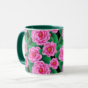 Fuchsia Roze Camellias en Jade Groene bladeren Mok