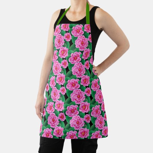 Fuchsia Roze Camellias en Jade Groene bladeren Schort (Insitu)