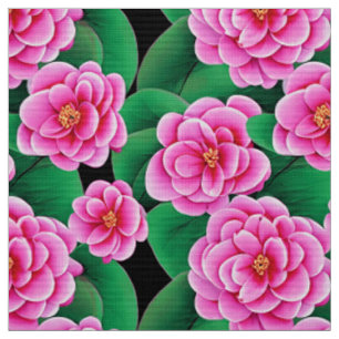 Fuchsia Roze Camellias en Jade Groene bladeren Stof