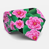 Fuchsia Roze Camellias en Jade Groene bladeren Stropdas (Opgerold)