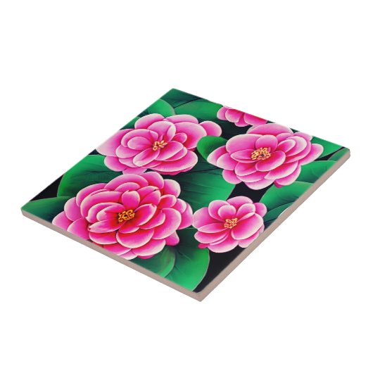 Fuchsia Roze Camellias en Jade Groene bladeren Tegeltje (Zijkant)
