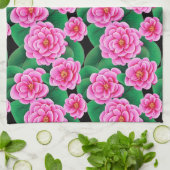 Fuchsia Roze Camellias en Jade Groene bladeren Theedoek (Gevouwen)