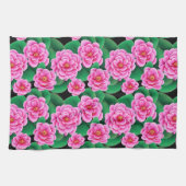 Fuchsia Roze Camellias en Jade Groene bladeren Theedoek (Horizontaal)