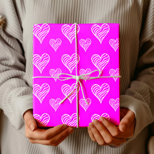 Fuchsia Roze Chic Golvende Gestreepte Witte Hartje Cadeaupapier