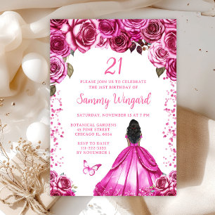 Fuchsia Roze Donkere Huid Prinses Verjaardagsfeest Kaart