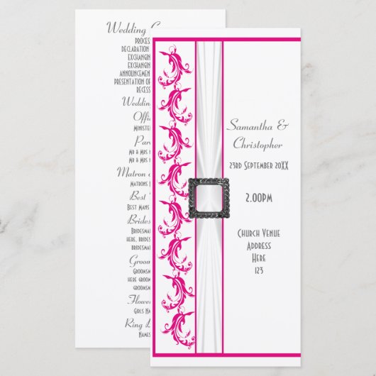 Fuchsia roze en witte kerk huwelijksprogramma programma (Voorkant / Achterkant)
