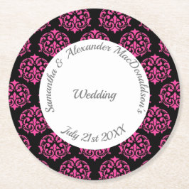 Fuchsia roze en zwarte damast bruiloft ronde kartonnen onderzetter