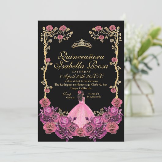 Fuchsia Roze en Zwarte Gouden Quinceanera XV Años Kaart (Staand voorkant)