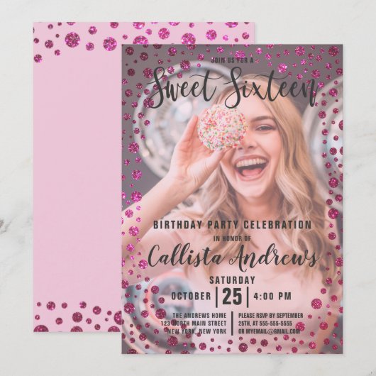 Fuchsia Roze Glitter Confetti Foto Sweet 16 Kaart (Voorkant / Achterkant)