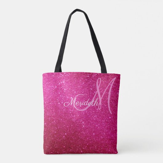 Fuchsia Roze Glitter En Glitters Monogram Draagtas (Achterkant)