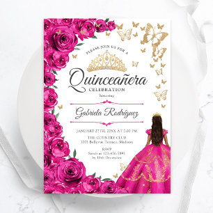 Fuchsia Roze Goud Bloemen Quinceanera Kaart
