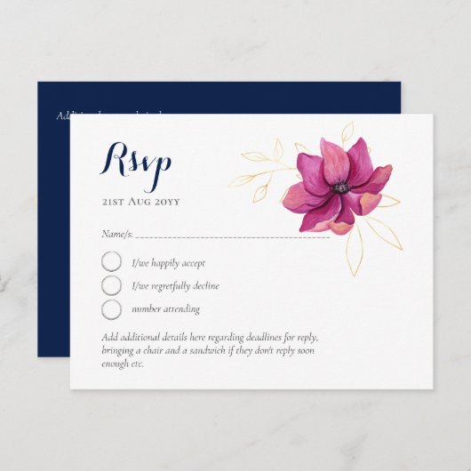 Fuchsia Roze Goud Marineblauw Trouw-Huwelijk RSVP Briefkaart (Voorkant / Achterkant)