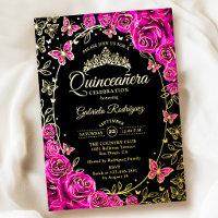 Fuchsia Roze Goud Zwarte Rozen Quinceanera