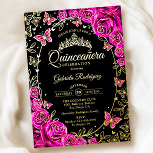 Fuchsia Roze Goud Zwarte Rozen Quinceanera Folie Uitnodiging
