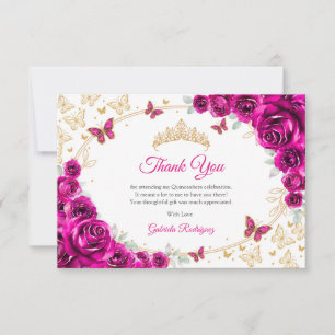 Fuchsia Roze Gouden Bloem Quinceanera Bedankkaart