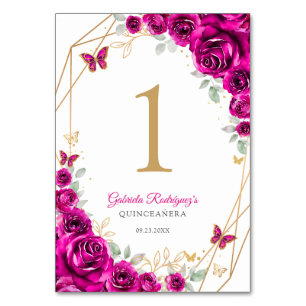 Fuchsia Roze Gouden Bloemige Quinceanera Kaart