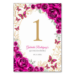 Fuchsia Roze Gouden Bloemige Quinceanera Kaart