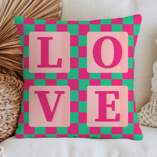 Fuchsia Roze & Groen Geruit Patroon Liefde  Kussen
