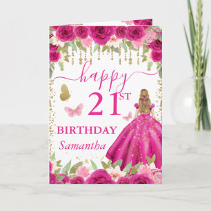 Fuchsia Roze Jurk Blonde Prinses Verjaardag Kaart