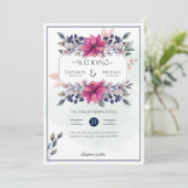 Fuchsia Roze Marine Blauw Bloemen Chique Bruiloft Kaart (Staand voorkant)