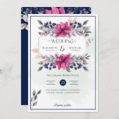 Fuchsia Roze Marine Blauw Bloemen Chique Bruiloft Kaart (Voorkant / Achterkant)